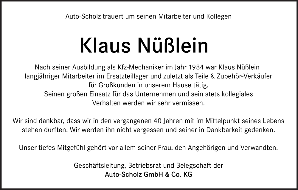  Traueranzeige für Klaus Nüßlein vom 25.09.2024 aus MGO