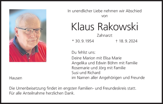 Anzeige von Klaus Rakowski von MGO