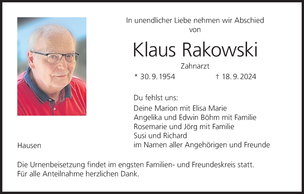  Traueranzeige für Klaus Rakowski vom 28.09.2024 aus MGO