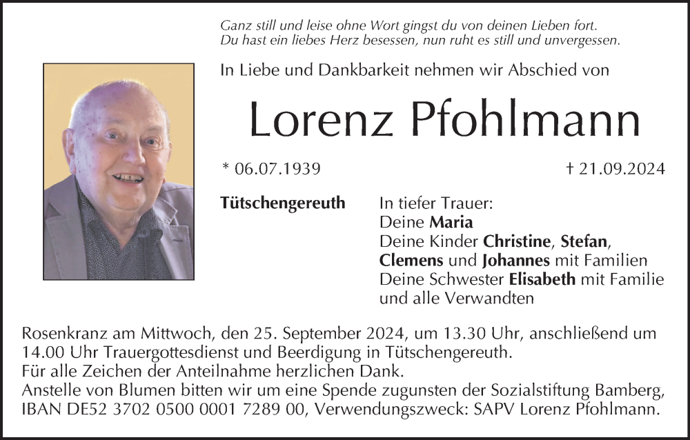  Traueranzeige für Lorenz Pfohlmann vom 24.09.2024 aus MGO