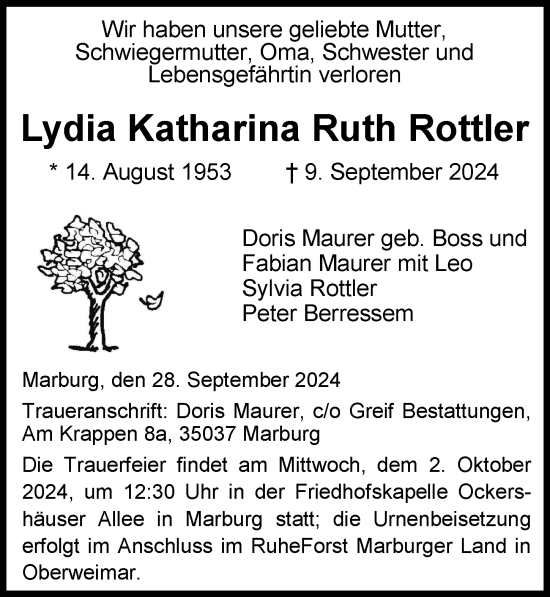 Anzeige von Lydia Katharina Ruth Rottler von MGO