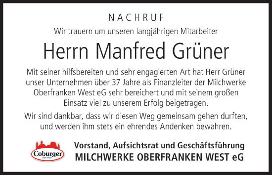 Anzeige von Manfred Grüner von MGO