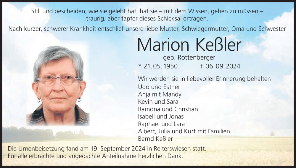  Traueranzeige für Marion Keßler vom 21.09.2024 aus MGO