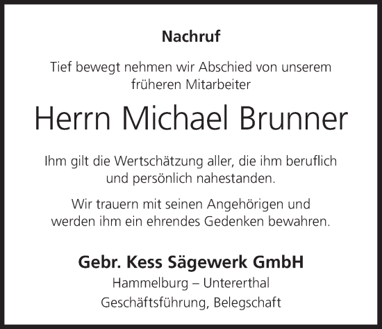 Traueranzeige von Michael Brunner