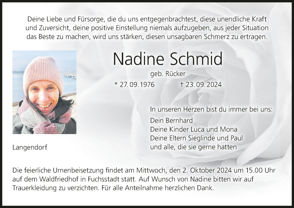  Traueranzeige für Nadine Schmid vom 28.09.2024 aus MGO