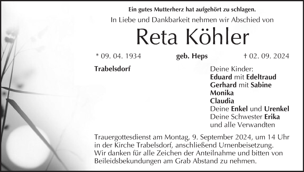  Traueranzeige für Reta Köhler vom 07.09.2024 aus MGO