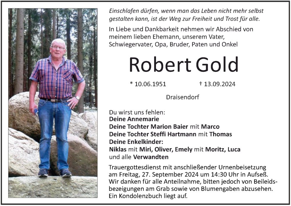  Traueranzeige für Robert Gold vom 21.09.2024 aus MGO