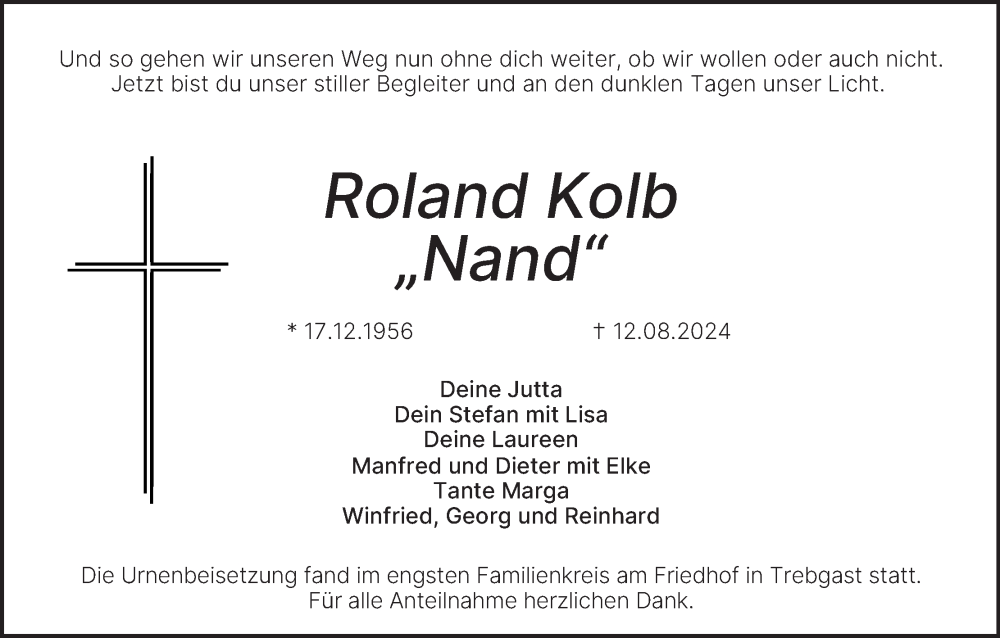  Traueranzeige für Roland Kolb vom 07.09.2024 aus MGO