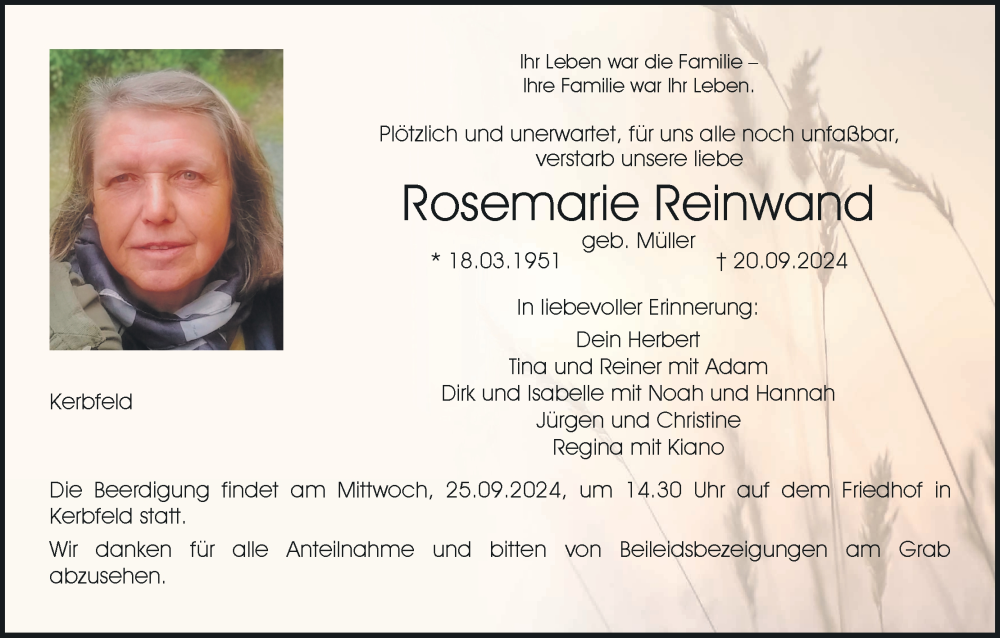  Traueranzeige für Rosemarie Reinwand vom 24.09.2024 aus MGO