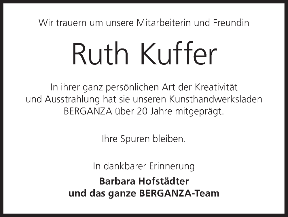  Traueranzeige für Ruth Kuffer vom 27.09.2024 aus MGO