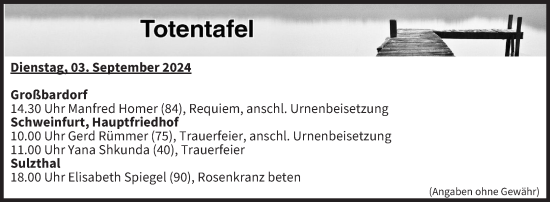 Anzeige von Totentafel vom 03.09.2024 von MGO