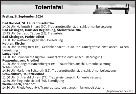 Anzeige von Totentafel vom 06.09.2024 von MGO