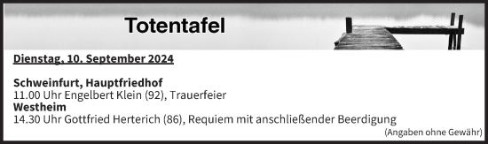 Anzeige von Totentafel vom 10.09.2024 von MGO