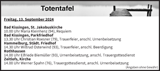 Anzeige von Totentafel vom 13.09.2024 von MGO