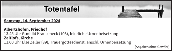 Anzeige von Totentafel vom 14.09.2024 von MGO