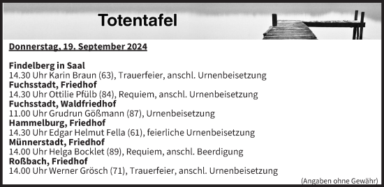 Anzeige von Totentafel vom 19.09.2024 von MGO