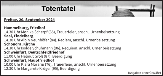 Anzeige von Totentafel vom 20.09.2024 von MGO