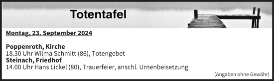 Anzeige von Totentafel vom 23.09.2024 von MGO