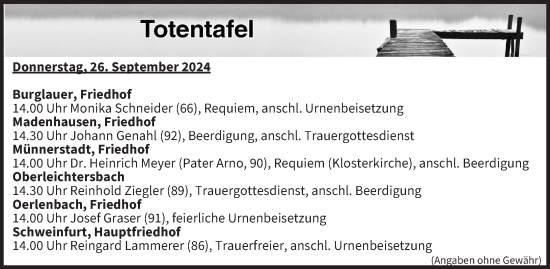 Anzeige von Totentafel vom 26.09.2024 von MGO