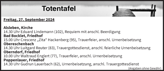 Anzeige von Totentafel vom 27.09.2024 von MGO