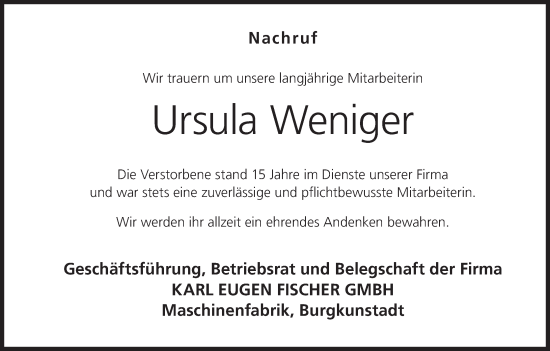 Anzeige von Ursula Weniger von MGO