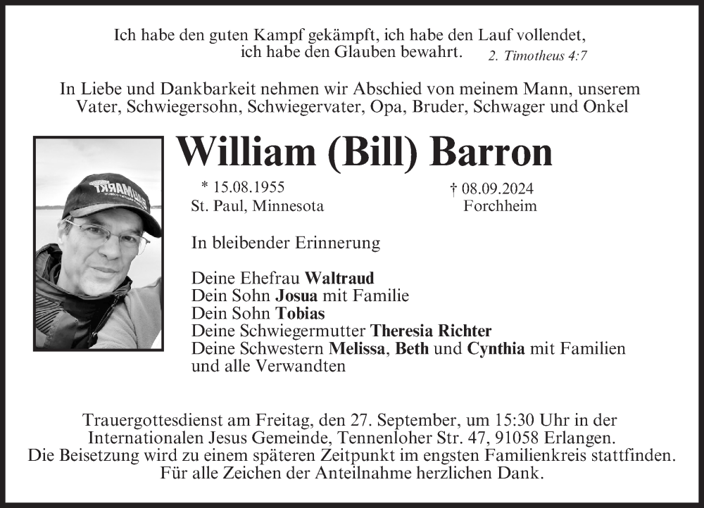  Traueranzeige für William Barron vom 21.09.2024 aus MGO