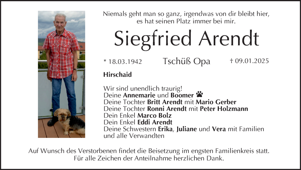  Traueranzeige für Siegfried Arendt vom 18.01.2025 aus MGO