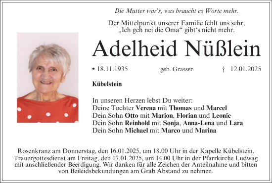 Anzeige von Adelheid Nüßlein von MGO