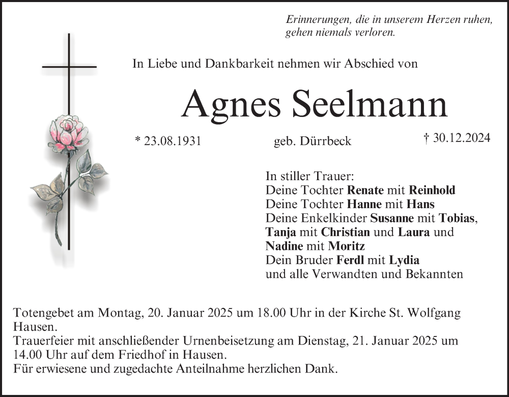  Traueranzeige für Agnes Seelmann vom 15.01.2025 aus MGO