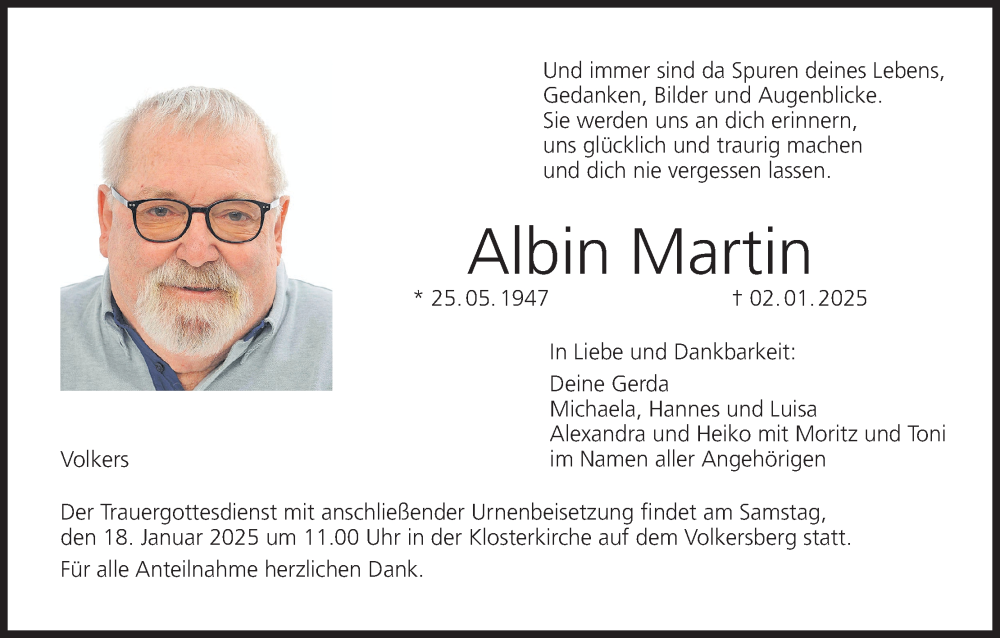  Traueranzeige für Albin Martin vom 11.01.2025 aus MGO