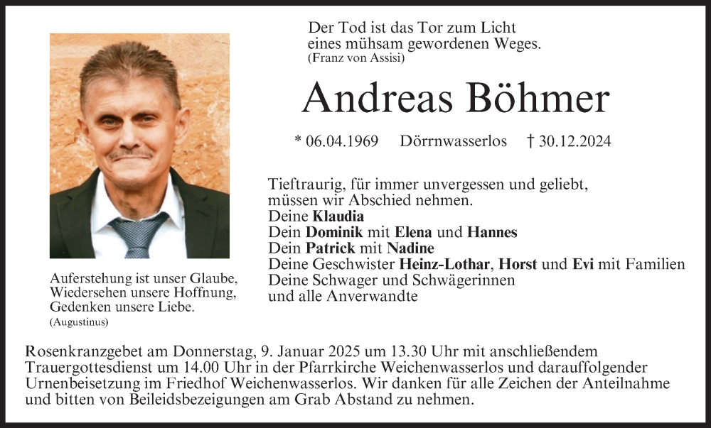  Traueranzeige für Andreas Böhmer vom 04.01.2025 aus MGO