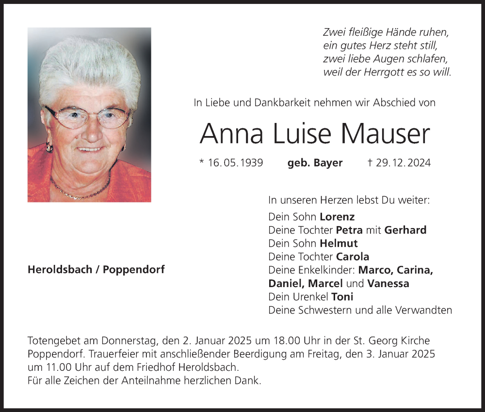  Traueranzeige für Anna Luise Mauser vom 31.12.2024 aus MGO