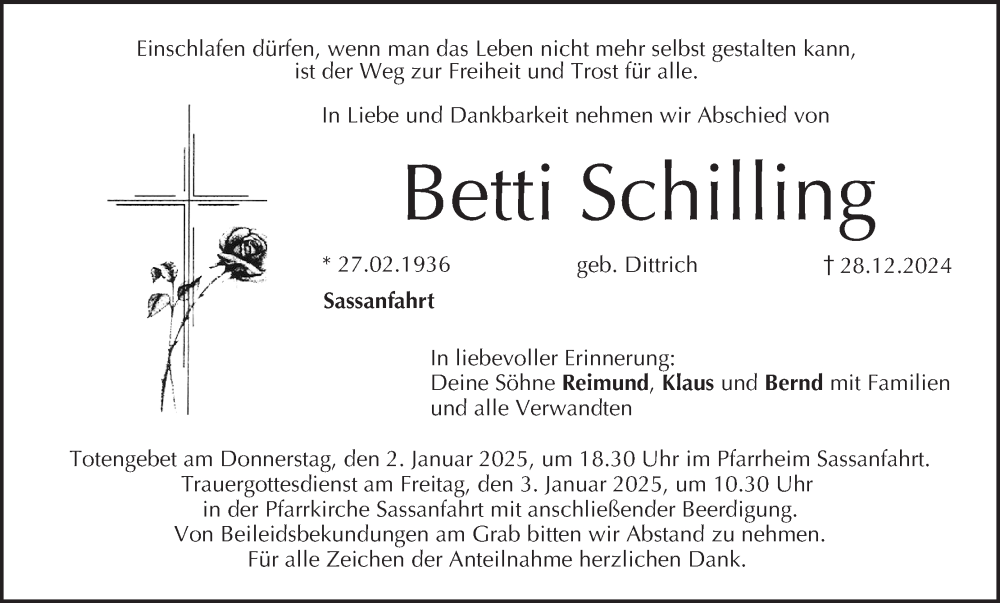  Traueranzeige für Betti Schilling vom 31.12.2024 aus MGO