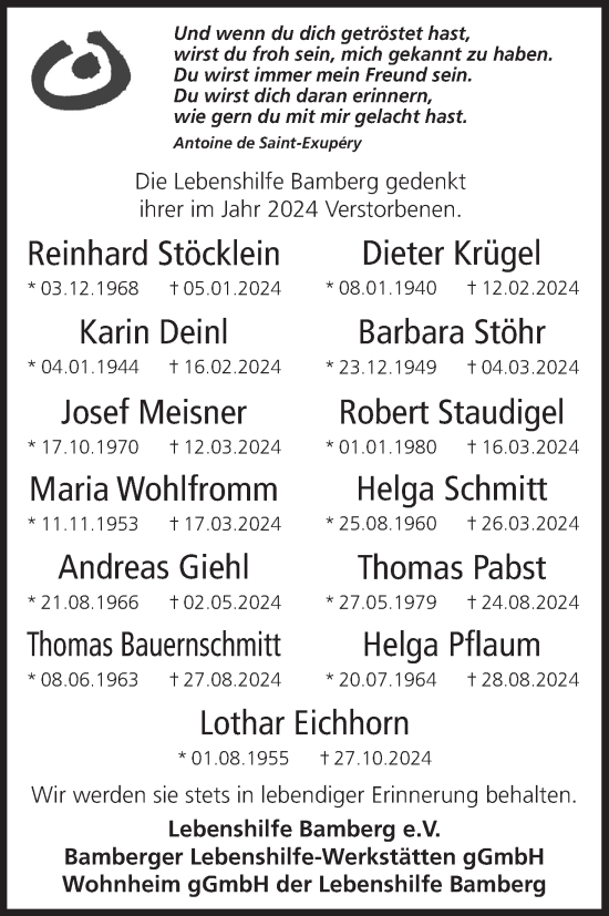 Anzeige von Die Lebenshilfe Bamberg gedenkt ihrer im Jahr 2024 Verstorbenen.  von MGO