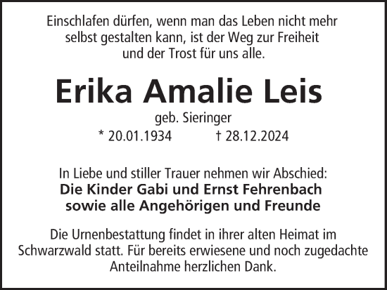 Anzeige von Erika Amalie Leis von MGO