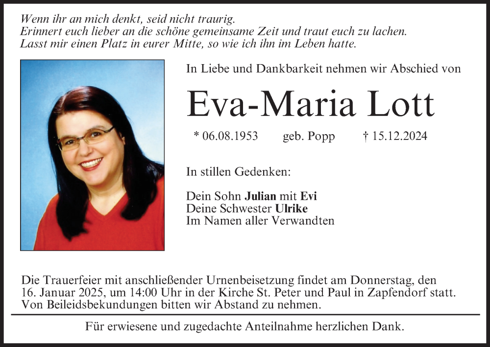  Traueranzeige für Eva-Maria Lott vom 11.01.2025 aus MGO