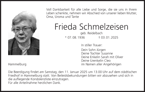 Anzeige von Frieda Schmelzeisen von MGO