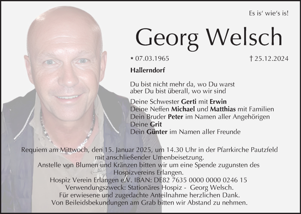  Traueranzeige für Georg Welsch vom 11.01.2025 aus MGO