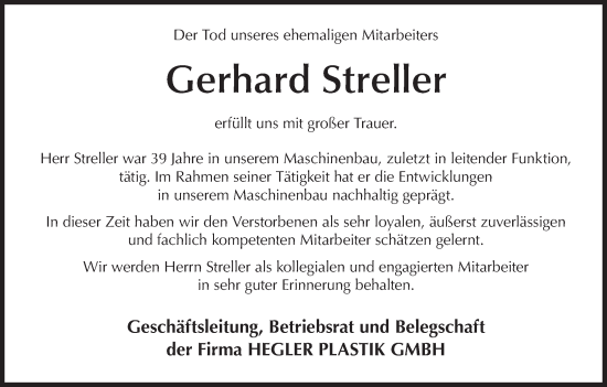 Anzeige von Gerhard Streller von MGO
