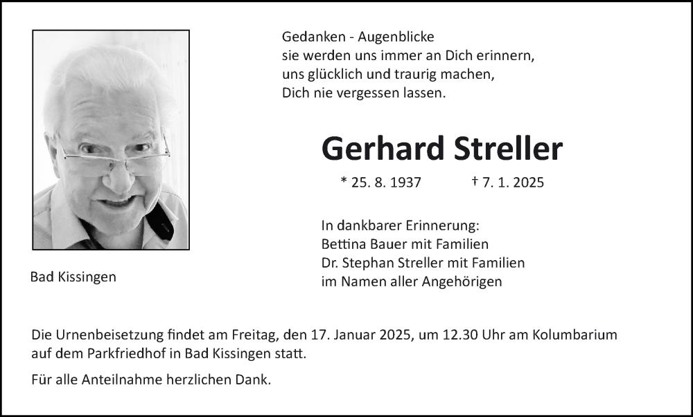  Traueranzeige für Gerhard Streller vom 11.01.2025 aus MGO