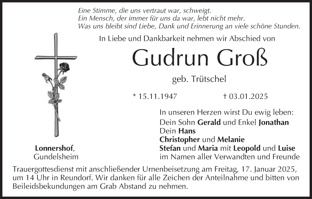  Traueranzeige für Gudrun Groß vom 11.01.2025 aus MGO