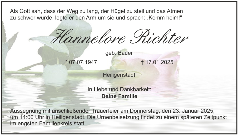  Traueranzeige für Hannelore Richter vom 21.01.2025 aus MGO