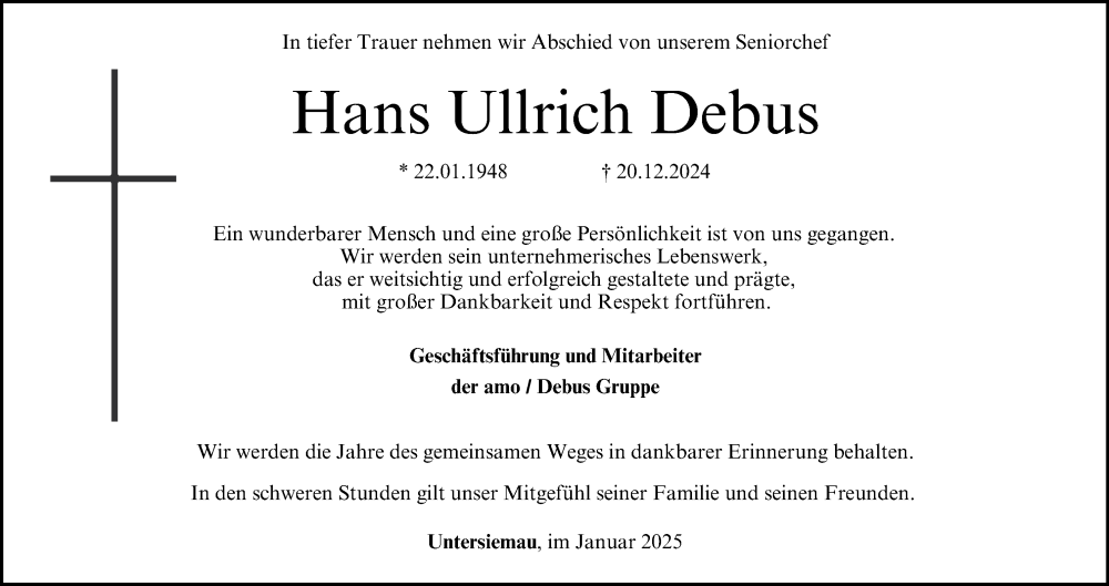  Traueranzeige für Hans Ullrich Debus vom 04.01.2025 aus MGO