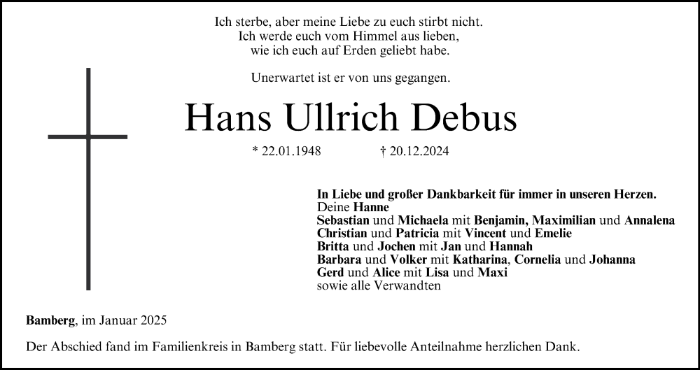  Traueranzeige für Hans Ullrich Debus vom 04.01.2025 aus MGO