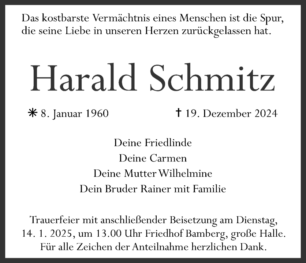  Traueranzeige für Harald Schmitz vom 04.01.2025 aus MGO