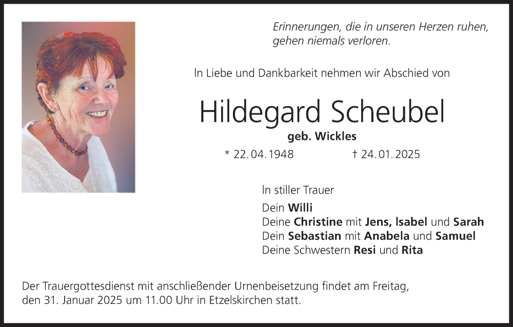  Traueranzeige für Hildegard Scheubel vom 29.01.2025 aus MGO