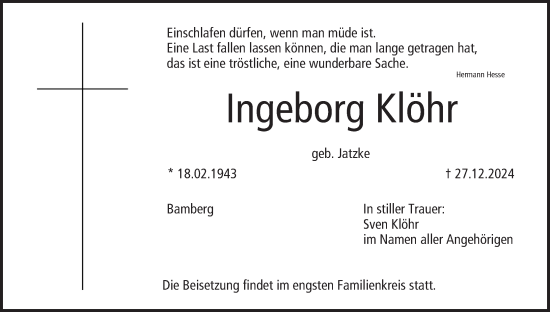 Anzeige von Ingeborg Klöhr von MGO