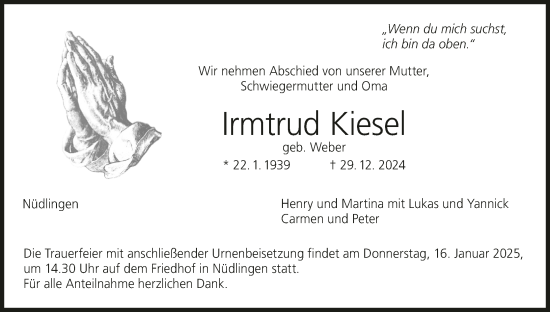 Anzeige von Irmtrud Kiesel von MGO