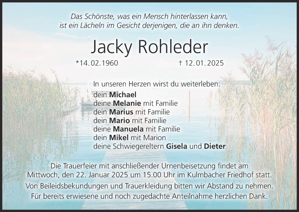  Traueranzeige für Jacky Rohleder vom 15.01.2025 aus MGO