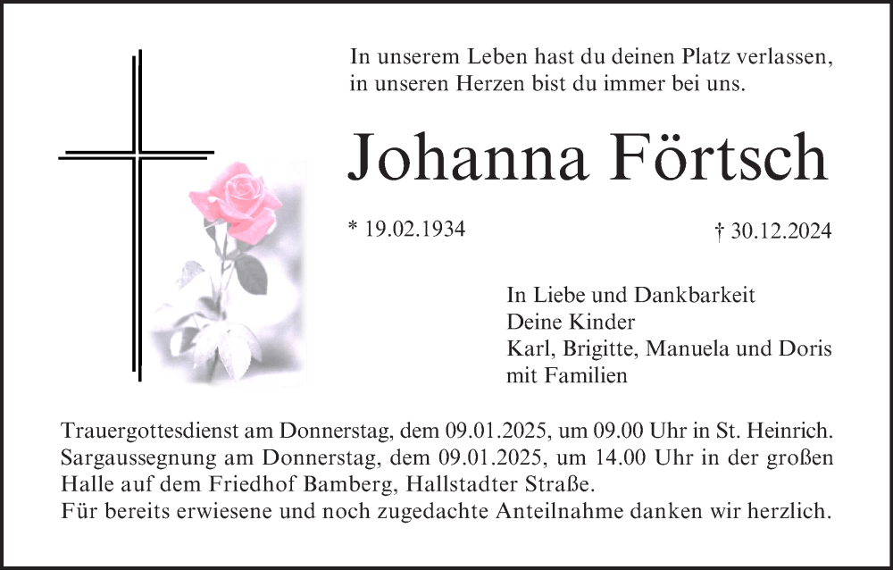  Traueranzeige für Johanna Förtsch vom 04.01.2025 aus MGO